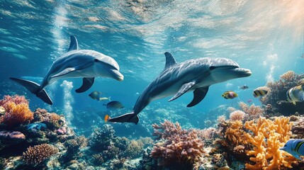 Fototapeta premium Dolphins exploring the underwater world around a coral reef, with fish and sea plants contributing to the rich marine diversity.