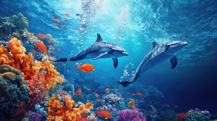 Fototapeta premium Dolphins exploring the vibrant coral reef, with fish and sea plants adding to the diversity of the underwater world.
