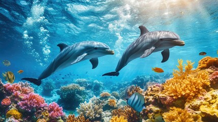 Obraz premium Dolphins exploring the vibrant coral reef, with fish and sea plants adding to the diversity of the underwater world.