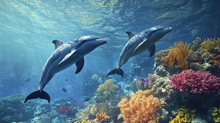 Obraz premium Dolphins exploring the vibrant coral reef, with fish and sea plants adding to the diversity of the underwater world.