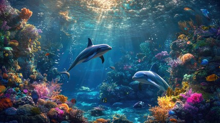 Fototapeta premium Dolphins gliding around a coral reef, surrounded by fish and underwater vegetation, with sunlight illuminating the vibrant scene.