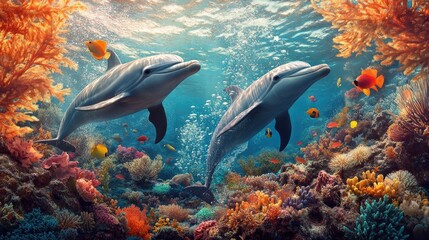 Dolphins gracefully navigating a coral reef, accompanied by colorful fish and swaying sea plants in the underwater view.