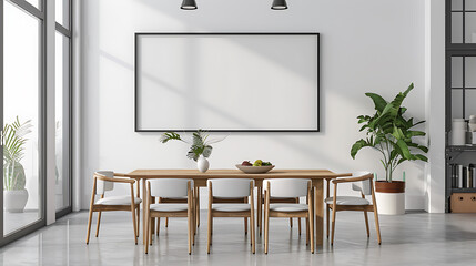Fototapeta premium A modern dining room with a large wooden table and chairs, a large blank frame, and a large plant.