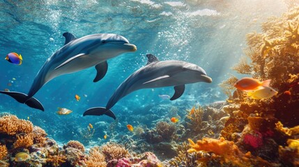 Obraz premium Dolphins gracefully navigating a coral reef, accompanied by colorful fish and swaying sea plants in the underwater view.
