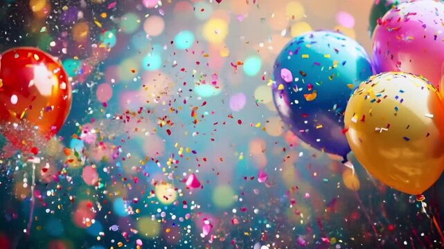 Colorful balloons drift while sparkles and confetti fill the air, creating a joyful atmosphere perfect for a celebration.