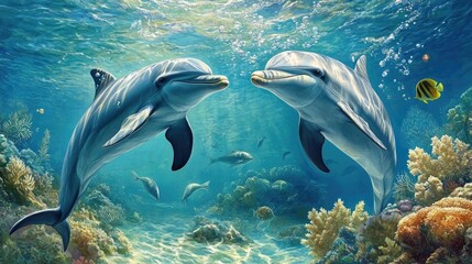 Dolphins playfully interacting with each other near a coral reef, surrounded by fish and sea plants in the clear blue water.