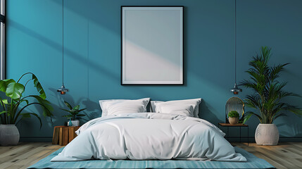 A modern bedroom with a teal wall, a white bed, and a large picture frame above the bed.