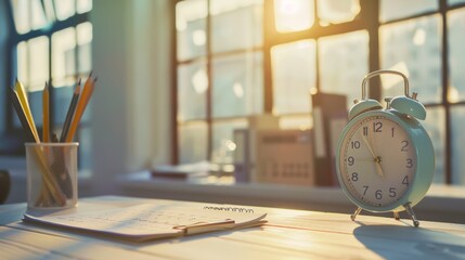 A neat calendar and clock on a white table convey an efficient time management.
