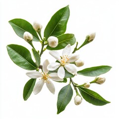 Obraz premium Close up of Orange tree branch with white flowers, buds and leaves. Neroli blossom. Citrus bloom. on an isolated white background