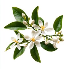 Close up of Orange tree branch with white flowers, buds and leaves. Neroli blossom. Citrus bloom. on an isolated white background