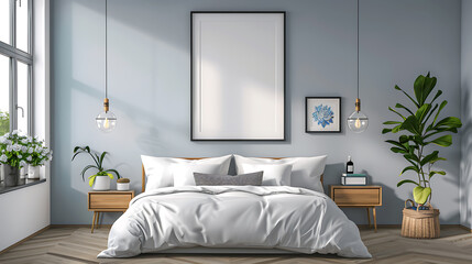 A minimalist bedroom with a white bed, wooden nightstands, and a large framed picture above the headboard.