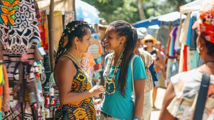 Obraz premium Indigenous women at a vibrant market, crafting and selling traditional handmade textiles and crafts.