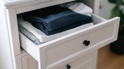 A simple white dresser with a drawer open, filled with folded clothes, emphasizing tidiness and organization.