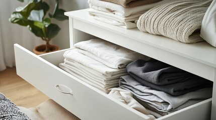 A simple white dresser with a drawer open, filled with folded clothes, emphasizing tidiness and organization.