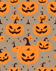 Repeating pattern of carved Halloween pumpkins and bats on a simple background