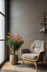 Modern living room with armchair and empty wall, contemporary interior design, copy space