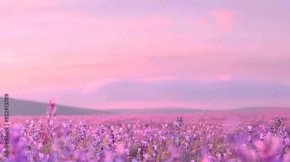 Wall mural purple flowers field, pink sky backdrop, person centered