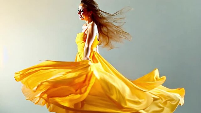 A stylish woman soaring on the wind while dancing in a golden silk dress. Gorgeous model with a yellow gown waving against a grey background. Joyful Girl with Imaginary Clothes