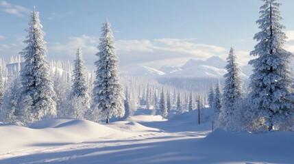 A snow covered forest with trees and a ski trail, AI