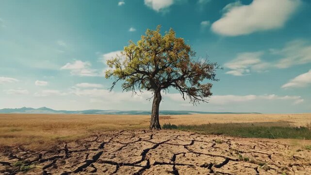Lone tree in dry cracked land. Natural disaster and drought concept. Global warming and climat change.