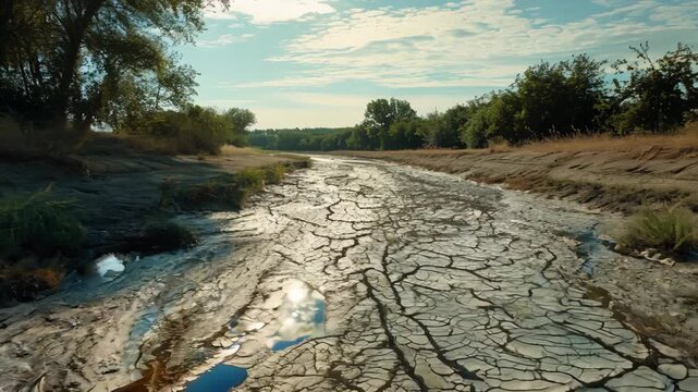 Cracked dry riverbed landscape. Natural disaster and drought concept. Global warming and climat change.