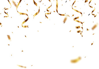 Gold confetti and ribbon background, isolated on transparent background