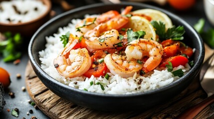 Shrimp on rice and veggies on wood table