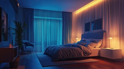 A spacious bedroom featuring a large bed with blue curtains, the soft lighting adding warmth and comfort to the scene.