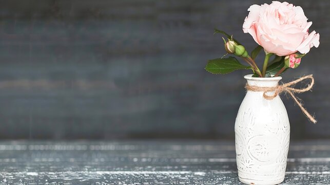 Fototapeta   A white vase brimming with pink blossoms atop a wooden table, adjacent to a gray wall adorned with inscriptions
