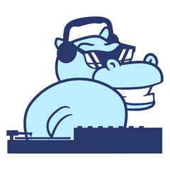 Music DJ Hippo Animal Happy Grinning Sunglasses Headphone Mixing Console Record Plate Vinyl party comic humor cartoon cool techno dance fun electro sounds lovers like disco rave club festival concert