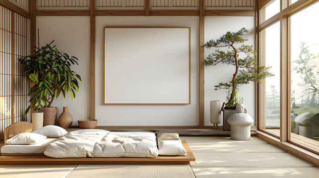 Minimalist Japanese bedroom with a futon bed, a large blank canvas, and a small bonsai tree in a pot.