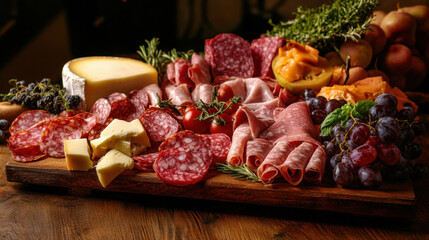 Sliced gourmet meat, cheese, vegetables and fruits on wooden board