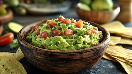 AI generated illustration of traditional guacamole and tortillas in rustic wooden bowl