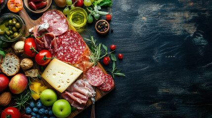 Sliced gourmet meat, cheese, vegetables and fruits on wooden board