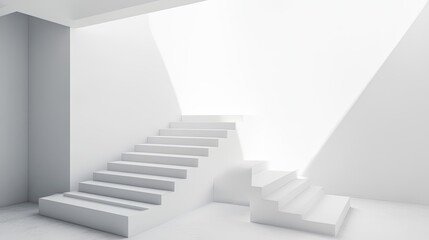 A staircase in pure white, leading to a platform of the same color, creating a seamless and minimalist design.