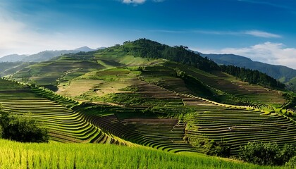 Fototapeta premium Rice terraces on a lush green hillside with a scenic view of mountains and valleys in rural Asia