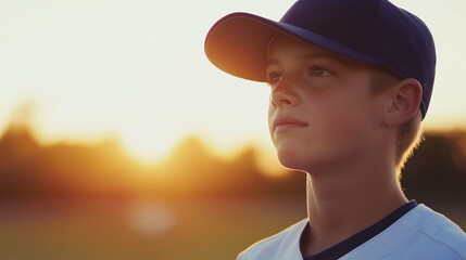 Young baseball player gazing into the sunset on a warm evening.