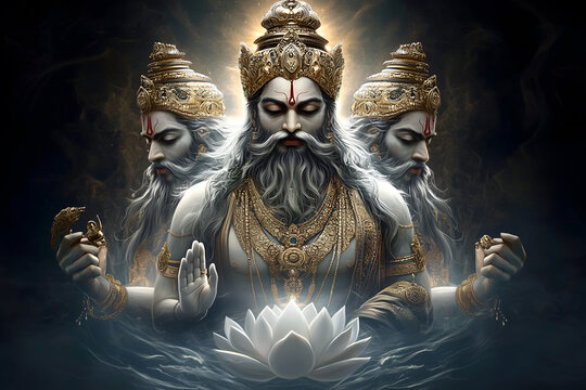 Lord Brahma, Hindu god of creation, with three faces, exuding an aura of wisdom and spirituality.