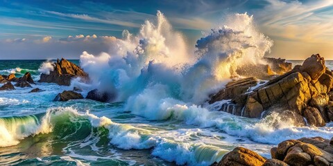 Naklejka premium Sea waves crashing violently against rocks in the afternoon , beach, ocean, nature, power, waves, water, crashing, rocks