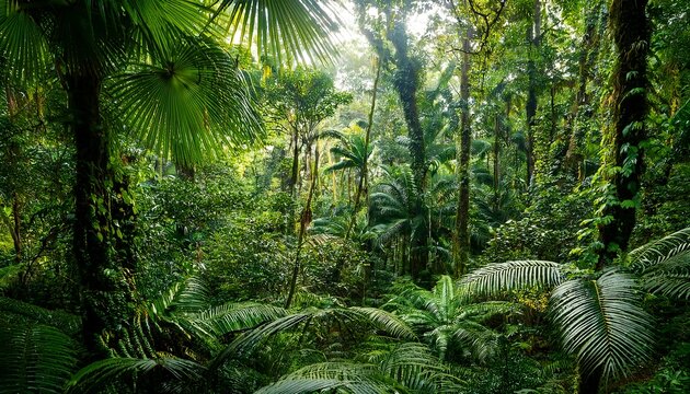 Fern in a lush tropical forest with palm trees and diverse foliage