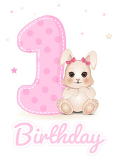 Cute baby shower card with number 1 and bunny. Birthday card. Vector illustration.