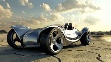 Sleek silver sports car parked in a desert landscape.