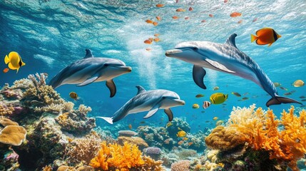 Fototapeta premium Playful dolphins swimming around a coral reef, accompanied by colorful fish and lush sea plants in the clear blue ocean.