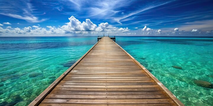 Fototapeta Wooden pier extending into azure ocean waters, wooden, pier, ocean, sea, water, blue, sky, horizon, peaceful, tranquil