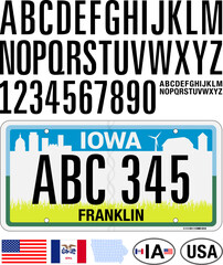 Iowa US state carl license plate pattern, United States of America, numbers, letters and symbols, vector illustration