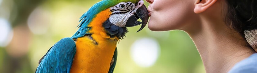Obraz premium Close-up of a vibrant blue and gold macaw being kissed by a woman. Nature, wildlife, and human interaction captured beautifully.