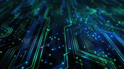 Obraz premium Abstract digital circuit board background with glowing lines and dots in shades of blue and green