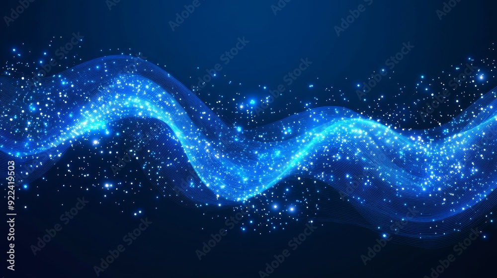 Poster blue technology and communication background with depth of field settings and plexus elements.