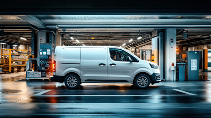 Fototapeta premium White delivery van parked in an indoor industrial setting with shelves and equipment, illuminated by overhead lighting.