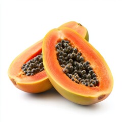 Close up of Fresh halved papaya fruit on an isolated white background